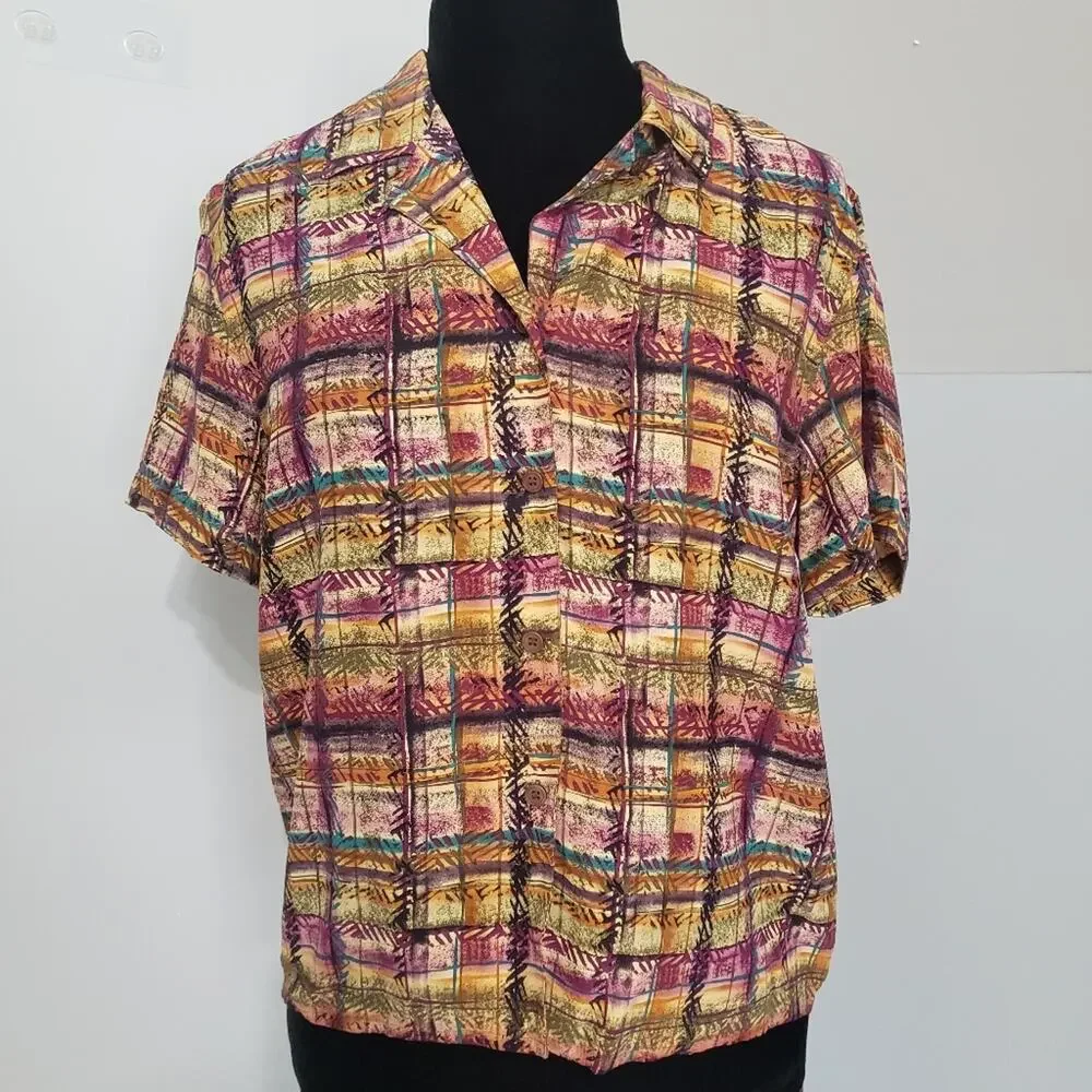 Liz Claiborne 100% Silk Plaid Button Front Top and High Rise Shorts Suit Set 8